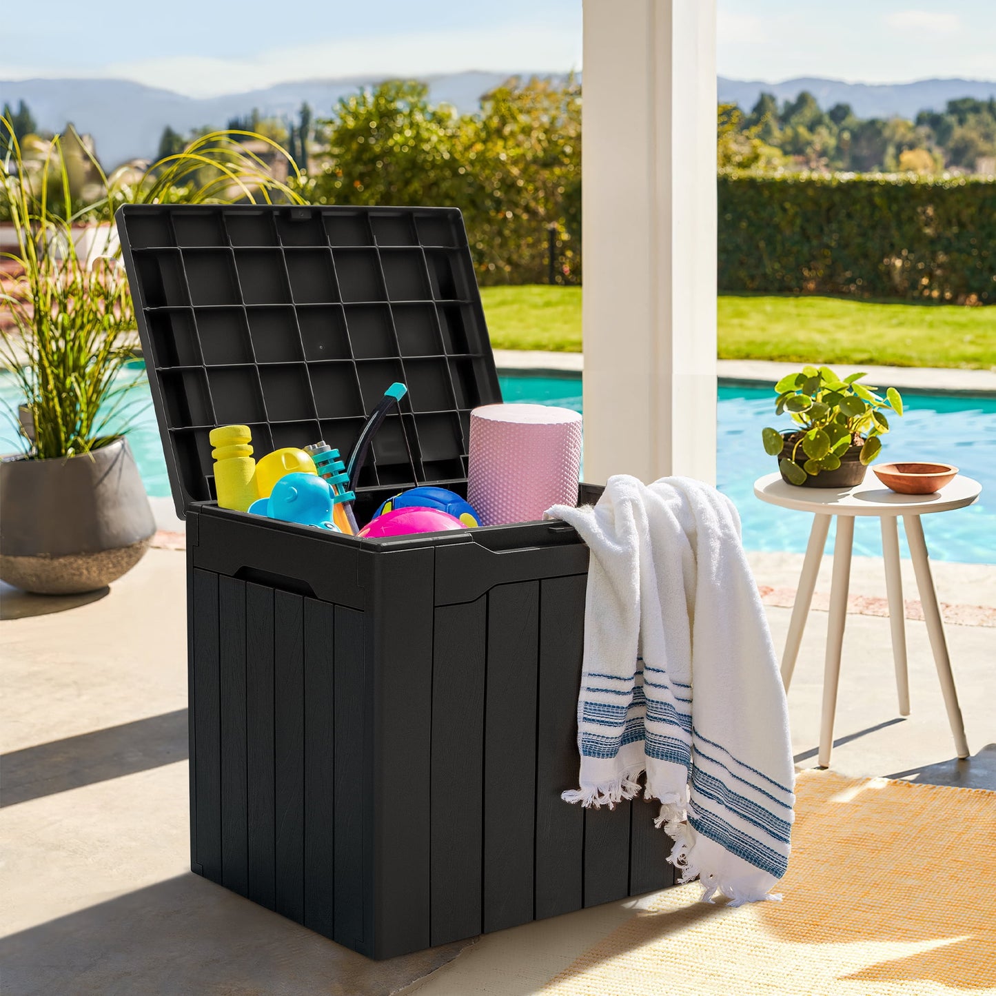 31 Gallon Outdoor Deck Box In Resin with Seat, Light Coffee