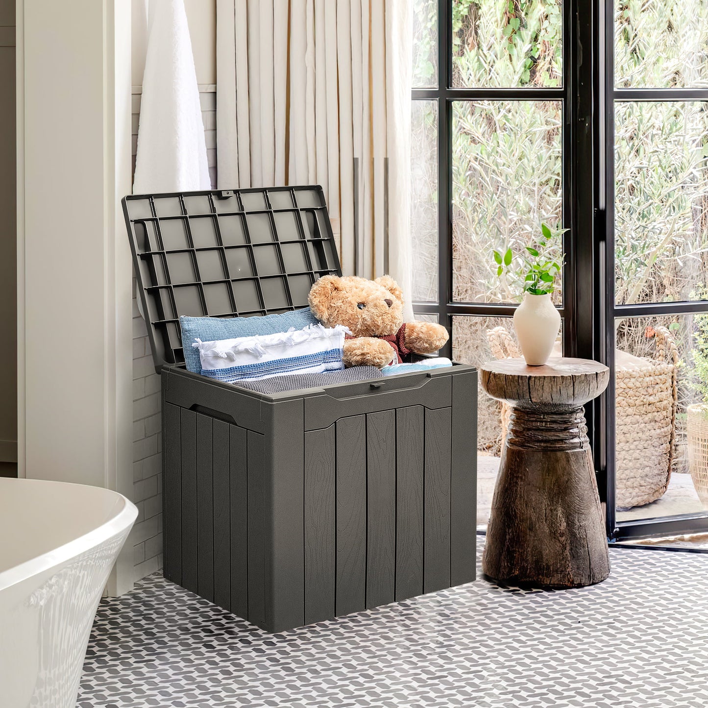 31 Gallon Outdoor Deck Box In Resin with Seat, Light Coffee