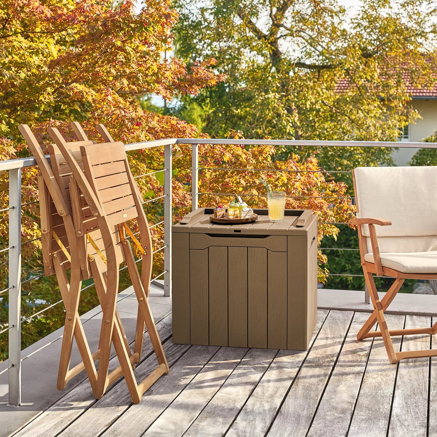 31 Gallon Outdoor Deck Box In Resin with Seat, Light Coffee