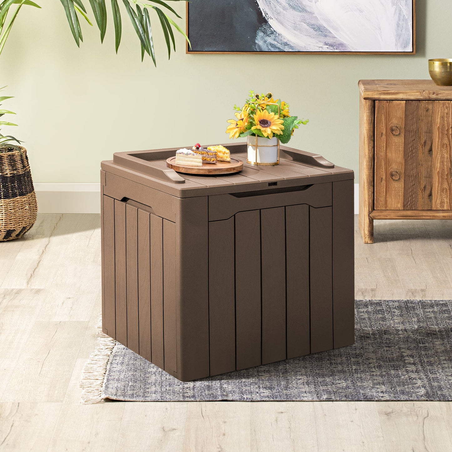 31 Gallon Outdoor Deck Box In Resin with Seat, Light Coffee