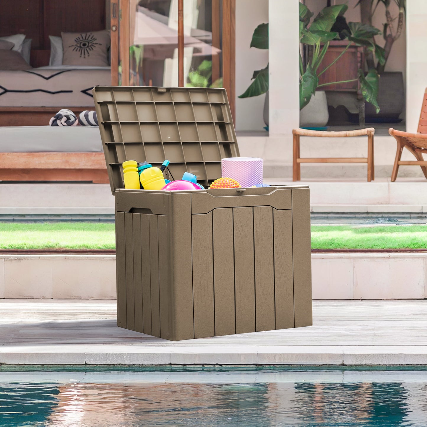 31 Gallon Outdoor Deck Box In Resin with Seat, Light Coffee